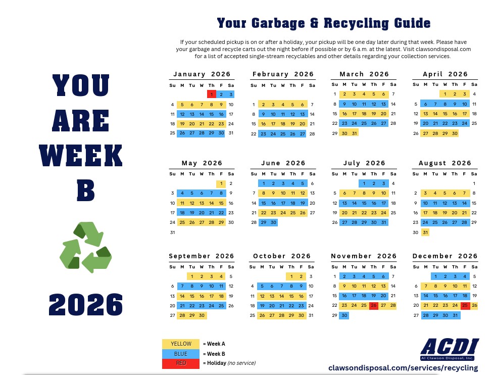 Recycling 2026 Week B Calendar